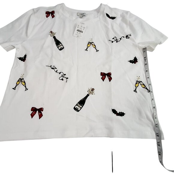 J. Crew Tops - J. Crew White Holiday Graphic T-Shirt With Champagne & Festive Prints  Size S